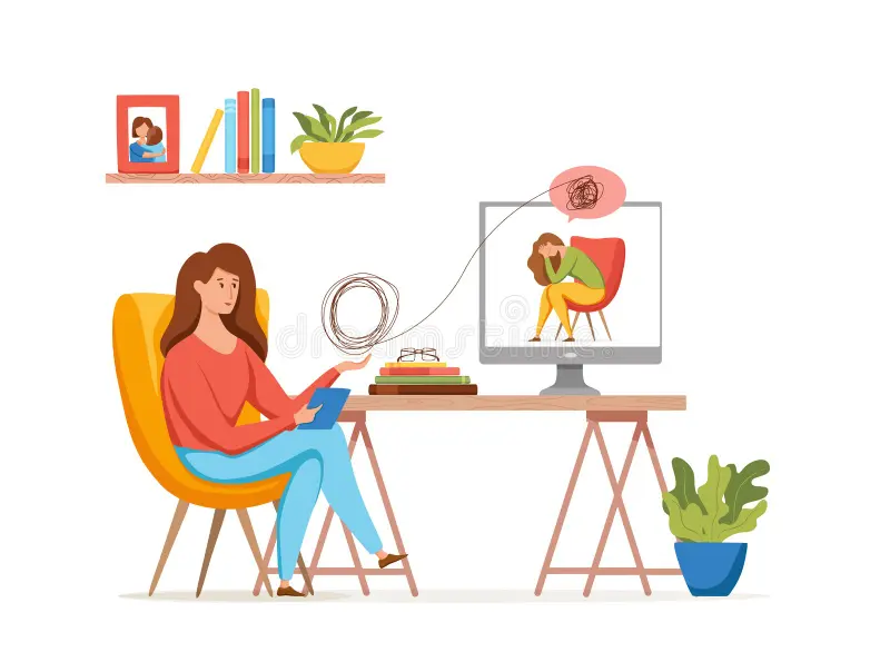 Ilustración: una psicóloga atiende a una paciente por videollamada